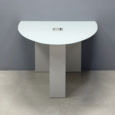 60-inch Collaboration Table in 1/2-inch white tempered glass top, and folkstone gray matte laminate base, with silver MX3 power box.