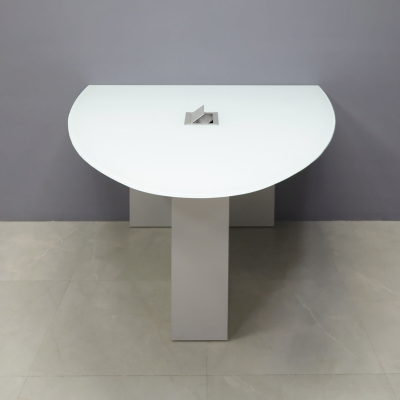 60-inch Collaboration Table in 1/2-inch white tempered glass top, and folkstone gray matte laminate base, with silver MX3 power box.