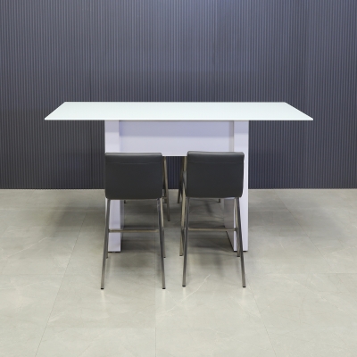 Windsor Tempered Glass Bar Table in white top and white gloss laminate base finish shown here.