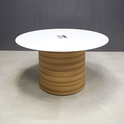 60-inch Omaha Round Conference Table in 1/2-inch white tempered glass top, and zebrawood veneer base, with silver MX3 power box.