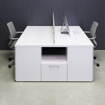 60X60-inches Dallas Workstation With Storage in white matte laminate top & storages, fog gray laminate partition & front drawers, with brushed stainless legs.
