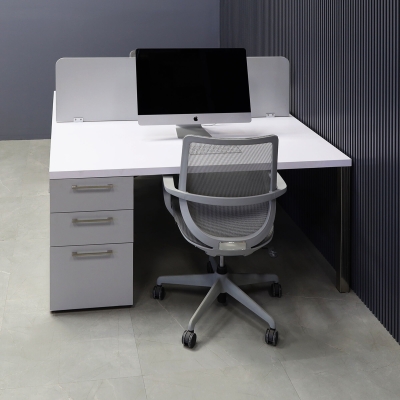 60X60-inches Dallas Workstation With Storage in white matte laminate top & storages, fog gray laminate partition & front drawers, with brushed stainless legs.