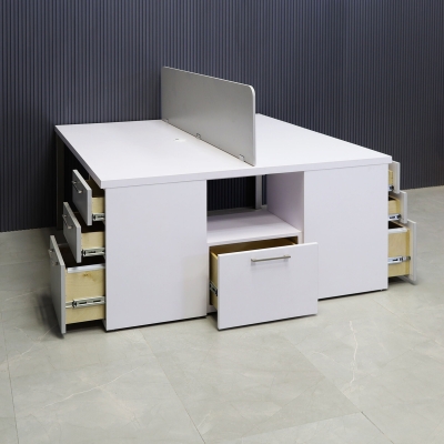 60X60-inches Dallas Workstation With Storage in white matte laminate top & storages, fog gray laminate partition & front drawers, with brushed stainless legs.