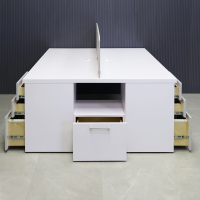 60X60-inches Dallas Workstation With Storage in white matte laminate top & storages, fog gray laminate partition & front drawers, with brushed stainless legs.