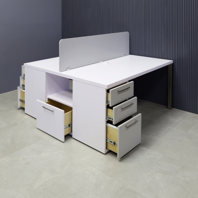 60X60-inches Dallas Workstation With Storage in white matte laminate top & storages, fog gray laminate partition & front drawers, with brushed stainless legs.