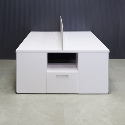 60X60-inches Dallas Workstation With Storage in white matte laminate top & storages, fog gray laminate partition & front drawers, with brushed stainless legs.