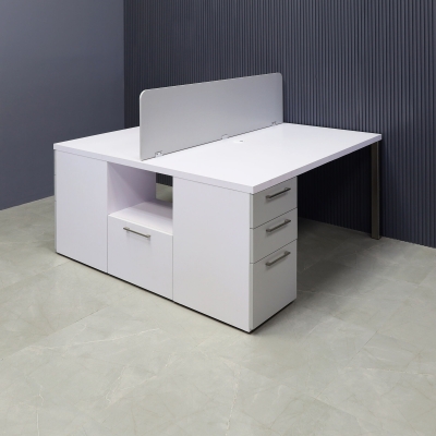 60X60-inches Dallas Workstation With Storage in white matte laminate top & storages, fog gray laminate partition & front drawers, with brushed stainless legs.