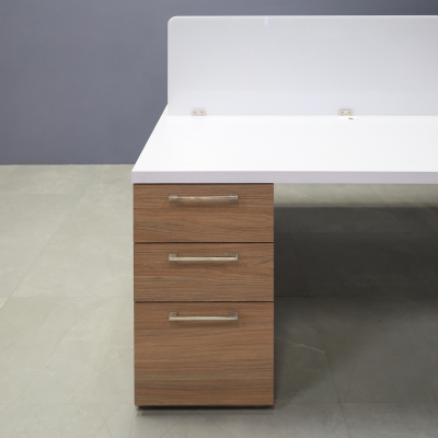 60x60-inches Dallas Workstation With Storage in white matte laminate top, uptown walnut matte laminate storages, 1/4-inch frosted acrylic partition,  and white special legs.