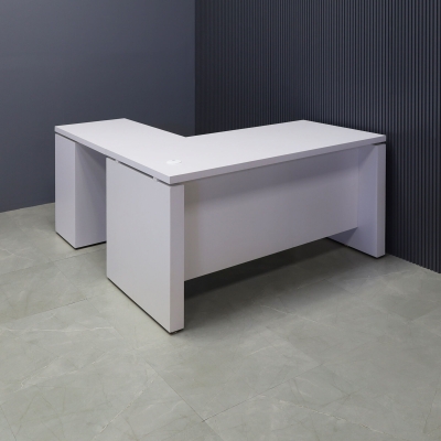 72-inch Denver L-Shape Executive Desk with cabinet & return on the right side when sitting, in white matte laminate top, base, cabinet & privacy panel, shown here.