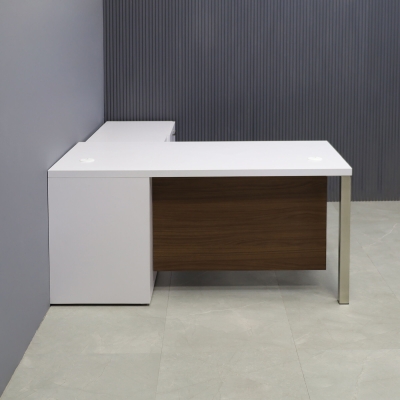 60-inch Dallas Executive Desk with credenza on the right side when sitting, in white matte laminate top & credenza, walnut heights matte laminate privacy panel, and brushed aluminum legs, shown here.