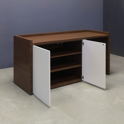 72-inch Avenue Beverage Server Station with fridge on the right side, in walnut heights matte laminate station, and dover off-white matte laminate doors.