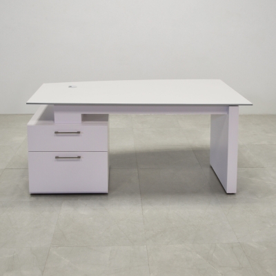 68-inch Avenue Curved Executive Desk in 1/2-inch gray traceless engineered surface top, and white matte laminate base & cabinet on the left side when sitting.