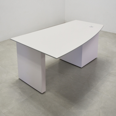 68-inch Avenue Curved Executive Desk in 1/2-inch gray traceless engineered surface top, and white matte laminate base & cabinet on the left side when sitting.