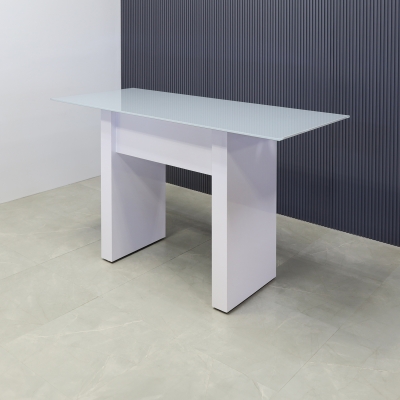 Windsor Tempered Glass Bar Table in baby blue top and white gloss laminate base finish shown here.