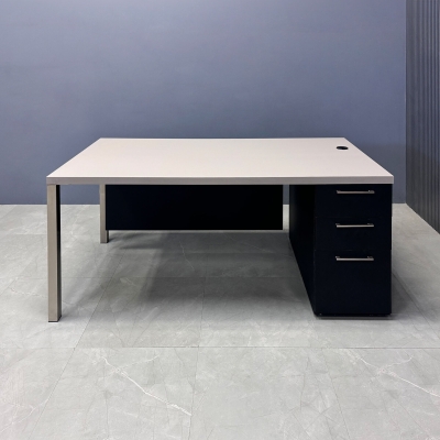 72-inch Dallas Straight Executive Desk W/ Cabinet in beige pvc top, black traceless laminate storage & privacy panel, with brushed aluminum legs.