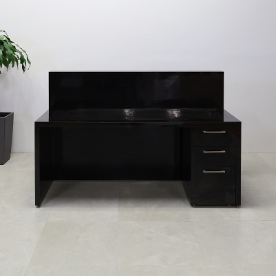 72-inch Dallas Straight Custom Reception Desk in black gloss laminate main desk & toe-kick. Built-in storage on the right side when sitting.