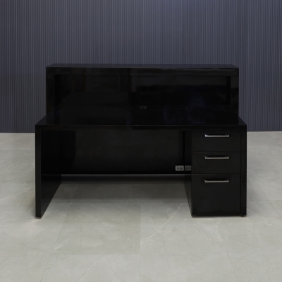 72-inch Vegas Custom Reception Desk in black gloss laminate counter and desk, with multi-colored LED, built-in two pencil drawers, and one file cabinet on the right side while sitting, shown here.