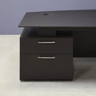 72-inch Avenue Curved Executive Desk in 1/2-inch black traceless engineered surface top, and graphite matte laminate base, storage & privacy panel.