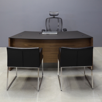  72-inch Seattle Curved Executive Desk in 1/2-inch Black traceless engineered surface top and walnut veneer base.