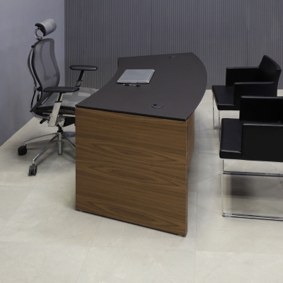 72-inch Seattle Curved Executive Desk in 1/2-inch Black traceless engineered surface top and walnut veneer base.