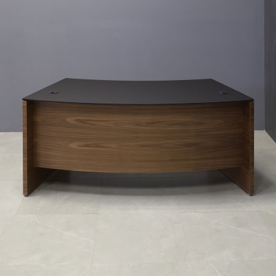 72-inch Seattle Curved Executive Desk in 1/2-inch Black traceless engineered surface top and walnut veneer base.
