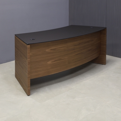  72-inch Seattle Curved Executive Desk in 1/2-inch Black traceless engineered surface top and walnut veneer base.