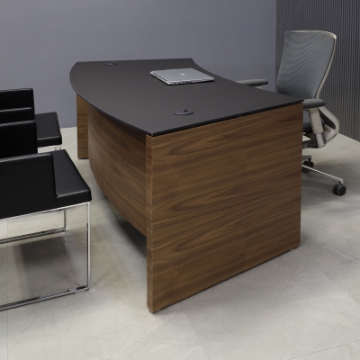  72-inch Seattle Curved Executive Desk in 1/2-inch Black traceless engineered surface top and walnut veneer base.
