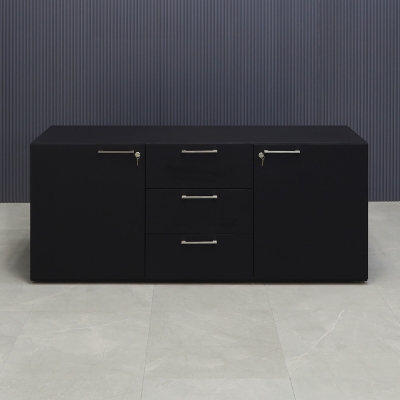72-inch Naples Custom Storage Credenza in black traceless laminate credenza, and front drawers & doors.