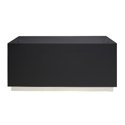 72-inch Houston Retail Custom Reception Desk in black traceless laminate main desk and brushed aluminum toe-kick.