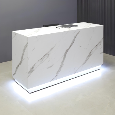 72-inch Houston Custom Reception Desk in calcutta stone pvc main desk and brushed aluminum toe-kick, with white LED, shown here.