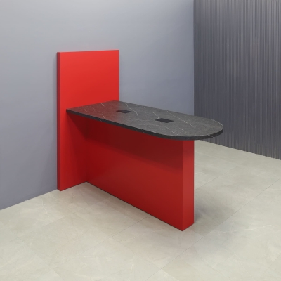 72-inch Weight and 42-inch Height, Westin Standing Collaboration and Training Table in black stone PVC laminate top, with classic red matte laminate base and wall, and 2 black MX2 powerboxes, shown here.