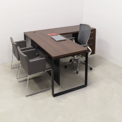 72-inch Aspen L-Shape Executive Desk With Laminate Top, right side return when sitting and built-in storage, in colombian walnut matte laminate top, black matte laminate privacy panel, and black metal legs, shown here.