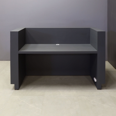 72-inch Wave Reception Desk in dark gray traceless laminate counter, desk & toe-kick, with walnut heights matte laminate wave accent front, and war, white LED, shown here.