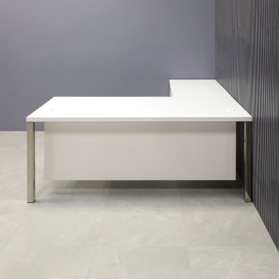 72-inch Dallas L-Shape Executive Desk with return & cabinet on left side when sitting, in dover off-white matte laminate top, cabinet & privacy panel, and brushed aluminum legs, shown here.