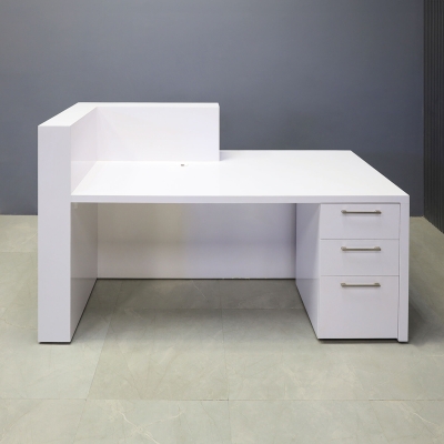 72-inch Atlanta Custom Reception Desk with the countertop & base on the right side when facing front, all covered in white gloss laminate. Built-in storage on the right side when sitting.
