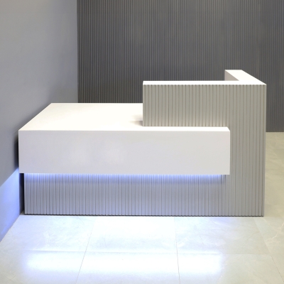 72-inch Atlanta Custom Reception Desk with the countertop & base on the right side when facing front covered in fog gray matte tambour, while the workspace and front panel are covered in white gloss laminate, and warm white LED.