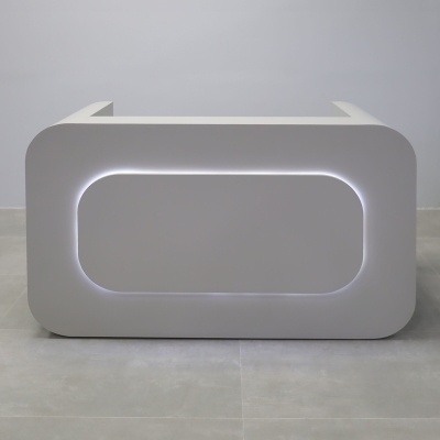 72-inch Vancouver Reception Desk in folkstone gray matte laminate main desk, and warm white LED.