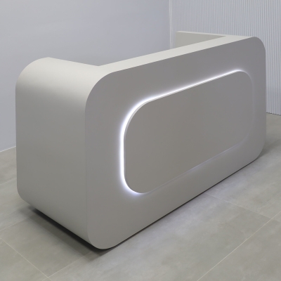 72-inch Vancouver Reception Desk in folkstone gray matte laminate main desk, and warm white LED.