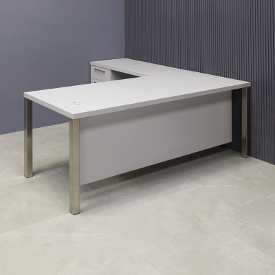 72-inch Dallas L-Shape Executive Desk W/ Cabinet in fog gray matte laminate top, cabinet & privacy panel, with aluminum chromed legs.