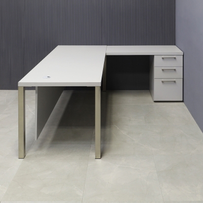 72-inch Dallas L-Shape Executive Desk W/ Cabinet in fog gray matte laminate top, cabinet & privacy panel, with aluminum chromed legs.