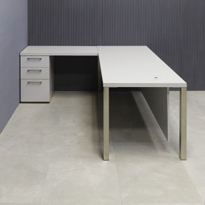 72-inch Dallas L-Shape Executive Desk W/ Cabinet in fog gray matte laminate top, cabinet & privacy panel, with aluminum chromed legs.