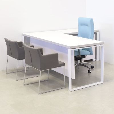 72-inch Aspen L-Shape Executive Desk With Laminate Top, right side return when sitting and mobile storage, in folkstone gray matte laminate top, white matte laminate privacy panel, and white metal legs, shown here.