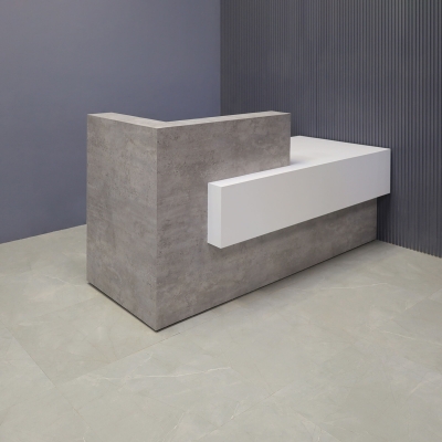 72-inch Atlanta Custom Reception Desk with the countertop & base on the left side when facing front covered in industrial concrete laminate, while the workspace and front panel are covered in white matte laminate.