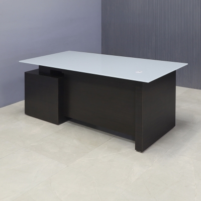 72-inch Avenue Straight Executive Desk in 1/2-inch light gray tempered glass top and ebony recon matte laminate base, storage & privacy panel.