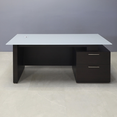 72-inch Avenue Straight Executive Desk in 1/2-inch light gray tempered glass top and ebony recon matte laminate base, storage & privacy panel.