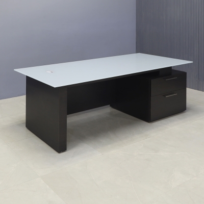 72-inch Avenue Straight Executive Desk in 1/2-inch light gray tempered glass top and ebony recon matte laminate base, storage & privacy panel.