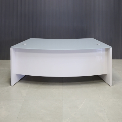  72-inch Seattle Curved Executive Desk in 1/2-inch Light gray tempered glass top and white gloss laminate base.