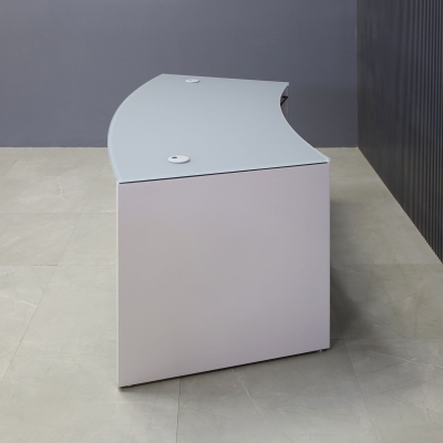  72-inch Seattle Curved Executive Desk in 1/2-inch Light gray tempered glass top and white gloss laminate base.