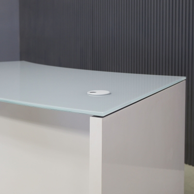  72-inch Seattle Curved Executive Desk in 1/2-inch Light gray tempered glass top and white gloss laminate base.