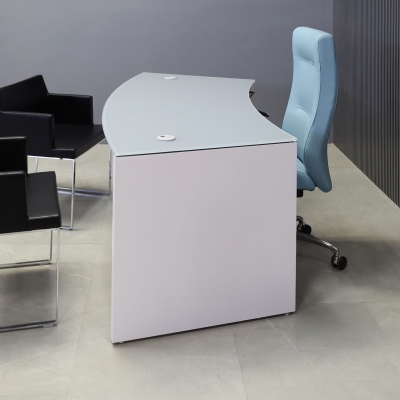  72-inch Seattle Curved Executive Desk in 1/2-inch Light gray tempered glass top and white gloss laminate base.